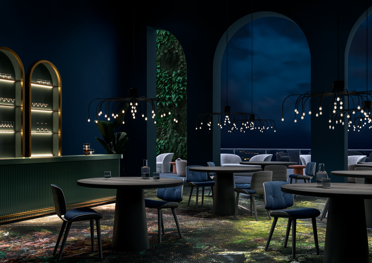 Moooi Starfall Light 30 Restaurant applied image with Container Table Classic and Nut Dining chairs